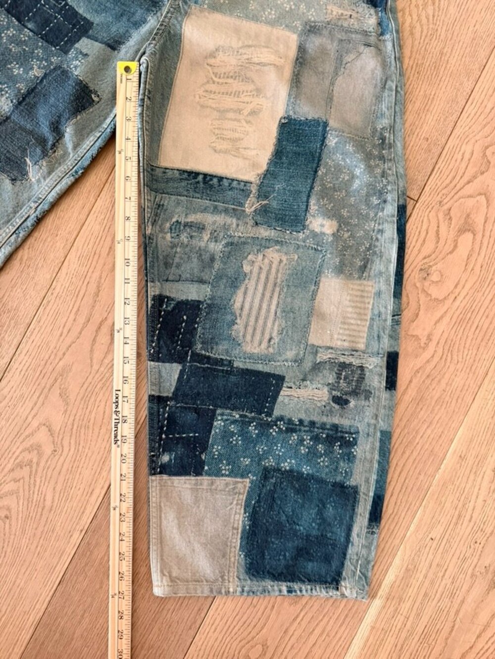 Free People Mixed Denim Patchwork Wide-Leg Jeans in Blue and Cream - Picture 6 of 7